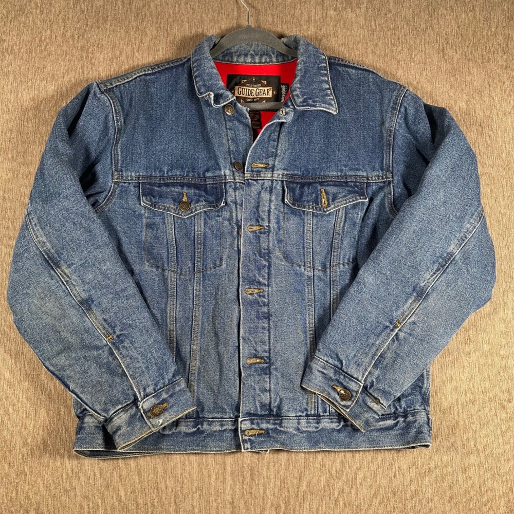 Vintage Guide Gear Denim Trucker Jacket Mens M Thinsulate Red Lined Workwear